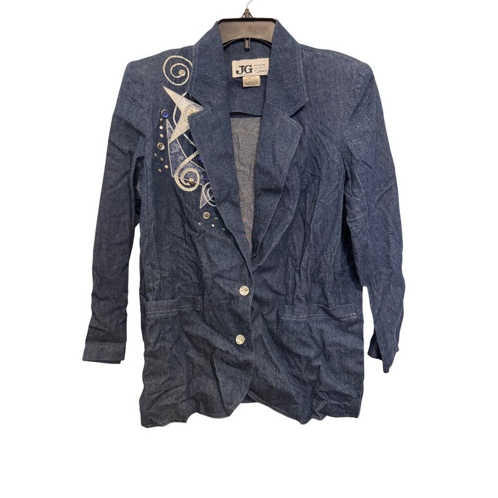 Vintage JG Petite Collection By Joyce Womens Denim Blazer Size 12 Embellished Ma